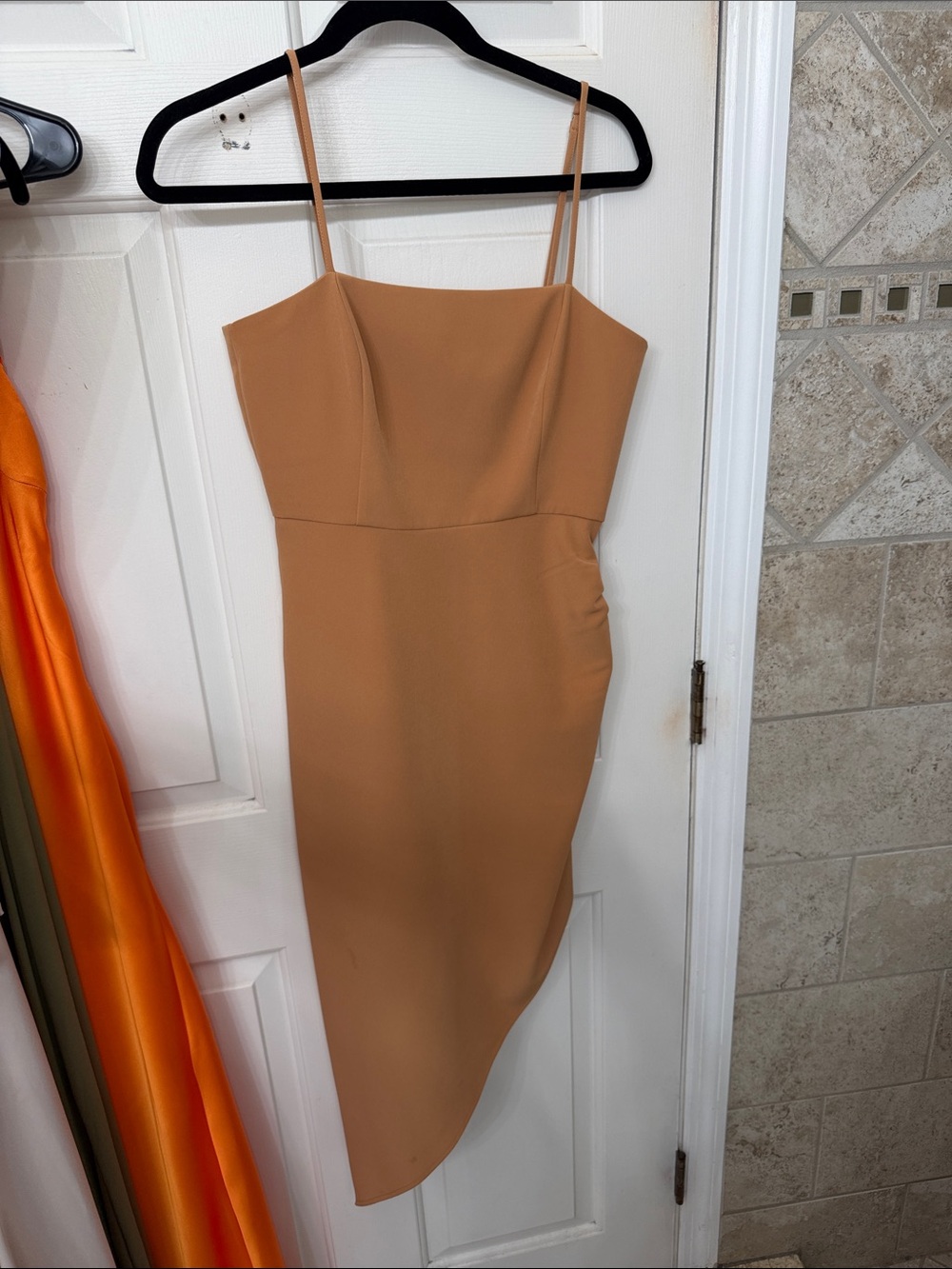 Gianni Bini Camel Asymmetrical Spaghetti Strap Dress